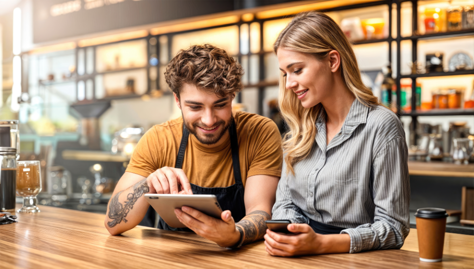 Gastronomen arbeiten mit Lieferchef am Tablet